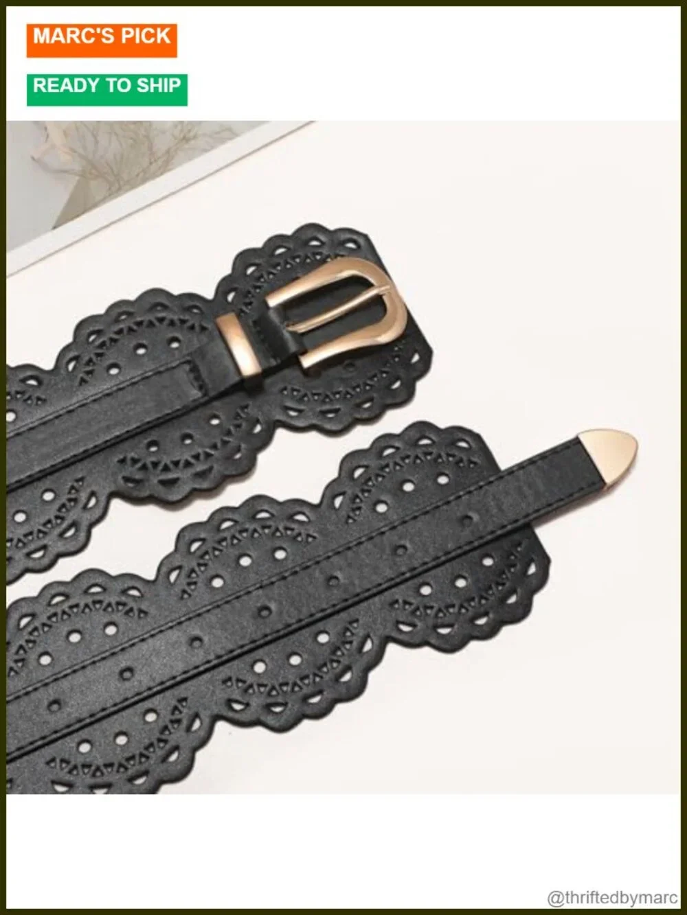 Wide Leather Waist Belt with Vintage Floral Design and Adjustable Prong Buckle